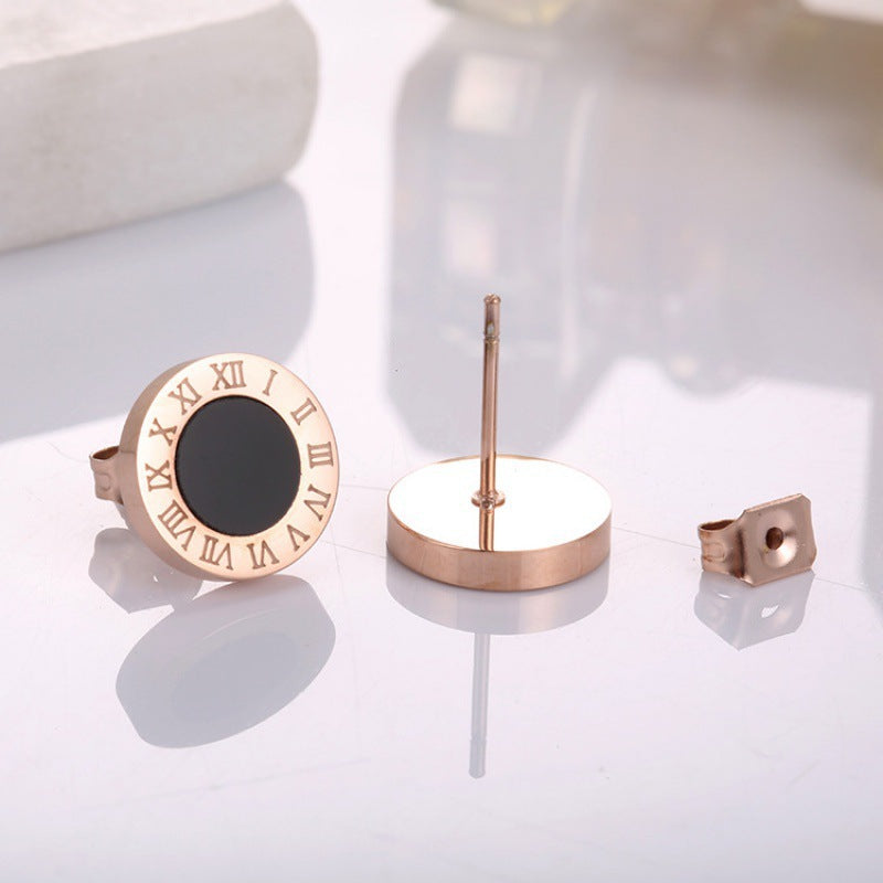 Anting Stud Roman Bulat Hitam Wanita - Stainless Steel Hypoallergenic Anti Kusam - 我的商店
