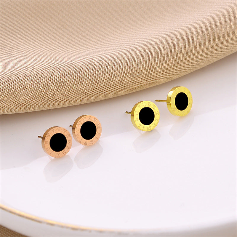 Anting Stud Roman Bulat Hitam Wanita - Stainless Steel Hypoallergenic Anti Kusam - 我的商店