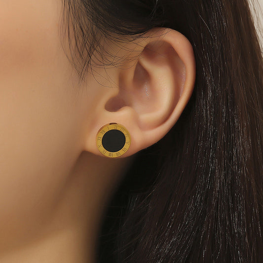 Anting Stud Roman Bulat Hitam Wanita - Stainless Steel Hypoallergenic Anti Kusam - 我的商店