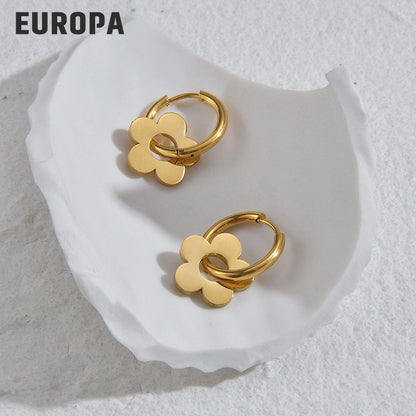 Anting Huggie Bunga Emas  – Stainless Steel Zirconia Kubik, Anting Stud Piercing Tulang Rawan - 我的商店