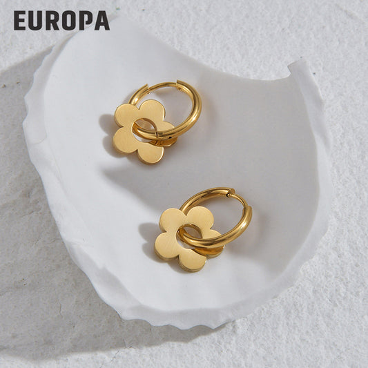 Anting Huggie Bunga Emas  – Stainless Steel Zirconia Kubik, Anting Stud Piercing Tulang Rawan - 我的商店
