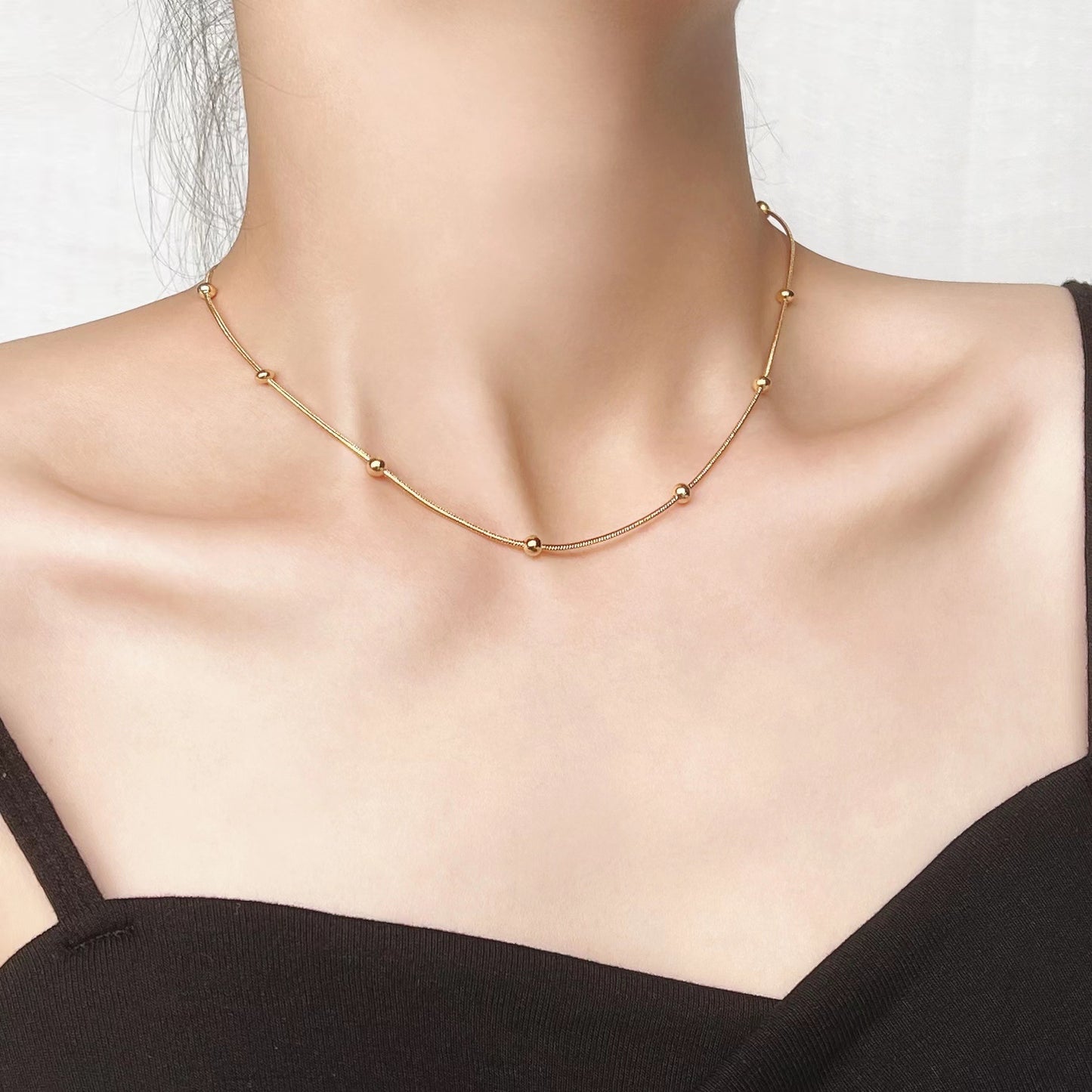 Kalung Wanita Manik Lapis Emas 18K - Stainless Steel, Sederhana, Terjangkau & Cocok untuk Keberuntungan! - 我的商店
