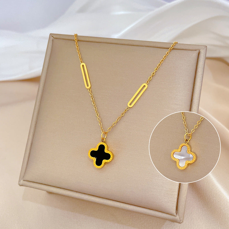 Kalung Daun Semanggi Emas 18K - Stainless Steel Anti Kusam Gaya Korea, Aksesoris Wanita - 我的商店