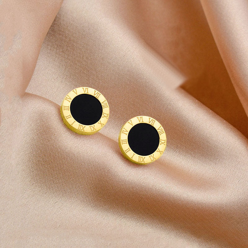 Anting Stud Roman Bulat Hitam Wanita - Stainless Steel Hypoallergenic Anti Kusam - 我的商店