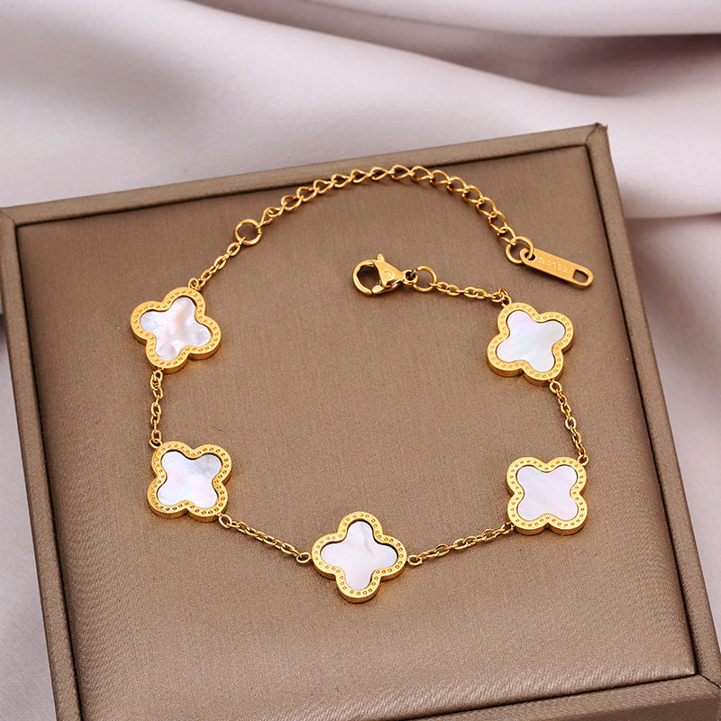 Gelang Daun Semanggi Wanita - Rantai Emas Stainless Anti Kusam, Aksesoris Perhiasan Elegan - 我的商店