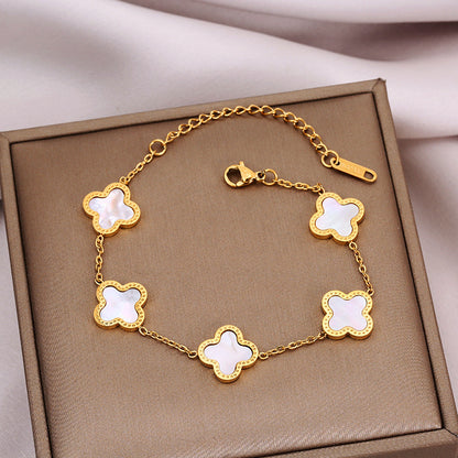 Gelang Daun Semanggi Wanita - Rantai Emas Stainless Anti Kusam, Aksesoris Perhiasan Elegan - 我的商店