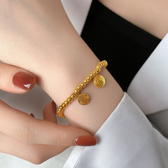 Gelang Lucky Charms 2025 Wanita - Manik Emas 18k & Simbol 'FU' Pembawa Kebahagiaan, Gelang Stainless Steel Elegan, Grosir Harga Terbaik