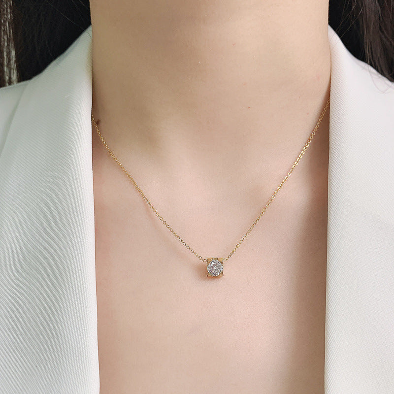 Kalung Berlian Solitaire Gaya Korea - Emas 18K Stainless Steel Anti Kusam, Aksesoris Wanita Mewah - 我的商店