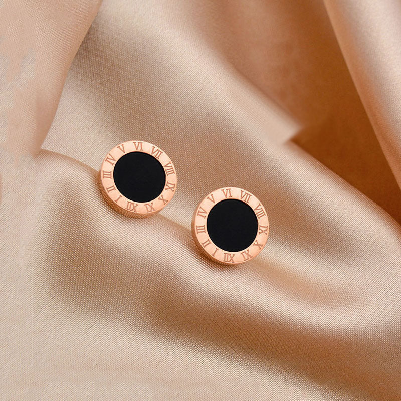 Anting Stud Roman Bulat Hitam Wanita - Stainless Steel Hypoallergenic Anti Kusam - 我的商店