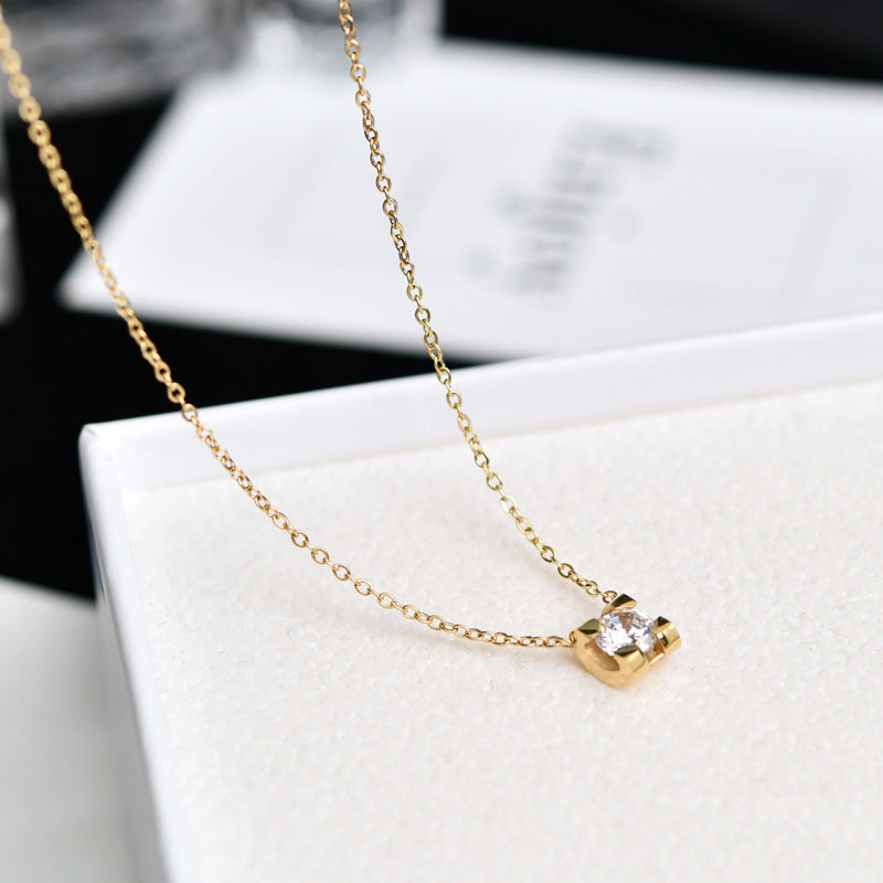 Kalung Berlian Solitaire Gaya Korea - Emas 18K Stainless Steel Anti Kusam, Aksesoris Wanita Mewah - 我的商店