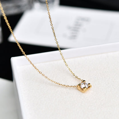 Kalung Berlian Solitaire Gaya Korea - Emas 18K Stainless Steel Anti Kusam, Aksesoris Wanita Mewah - 我的商店