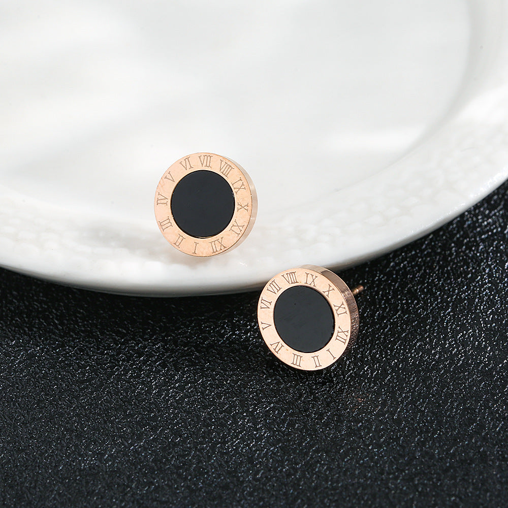 Anting Stud Roman Bulat Hitam Wanita - Stainless Steel Hypoallergenic Anti Kusam - 我的商店