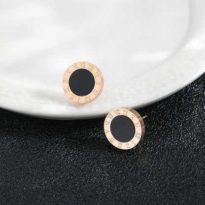 Anting Stud Roman Bulat Hitam Wanita - Stainless Steel Hypoallergenic Anti Kusam - 我的商店