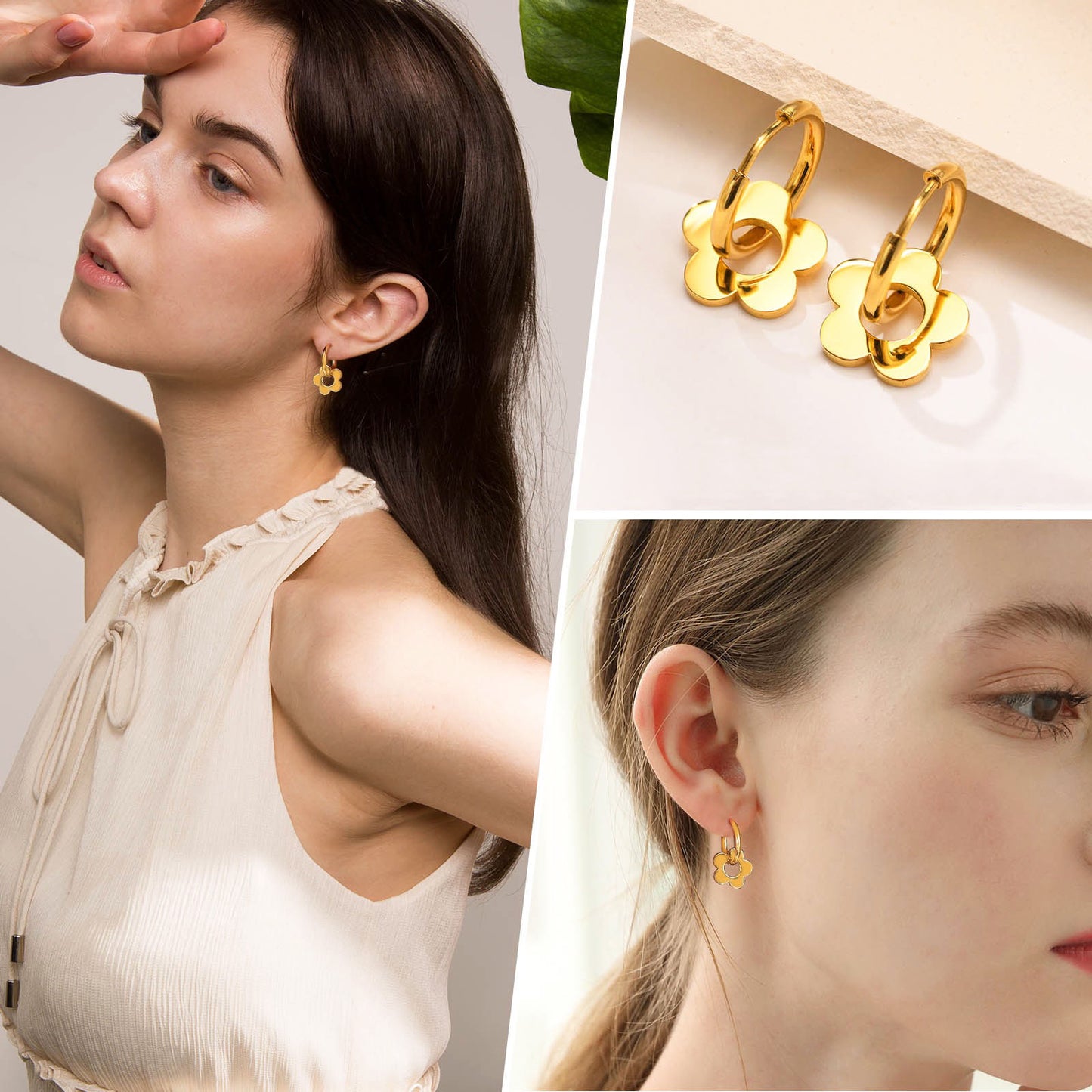 Anting Huggie Bunga Emas  – Stainless Steel Zirconia Kubik, Anting Stud Piercing Tulang Rawan - 我的商店