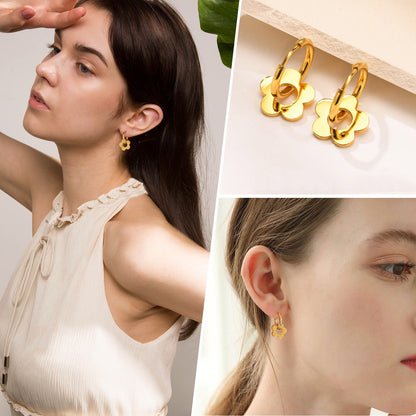 Anting Huggie Bunga Emas  – Stainless Steel Zirconia Kubik, Anting Stud Piercing Tulang Rawan - 我的商店