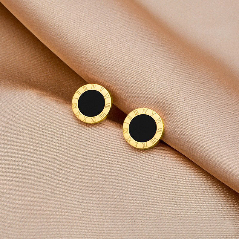 Anting Stud Roman Bulat Hitam Wanita - Stainless Steel Hypoallergenic Anti Kusam - 我的商店