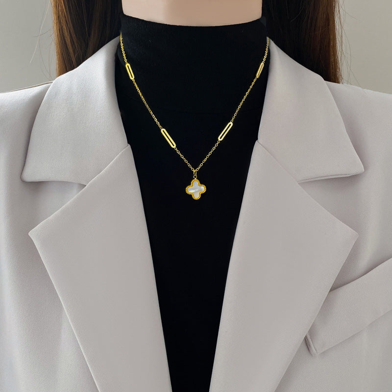 Kalung Daun Semanggi Emas 18K - Stainless Steel Anti Kusam Gaya Korea, Aksesoris Wanita - 我的商店