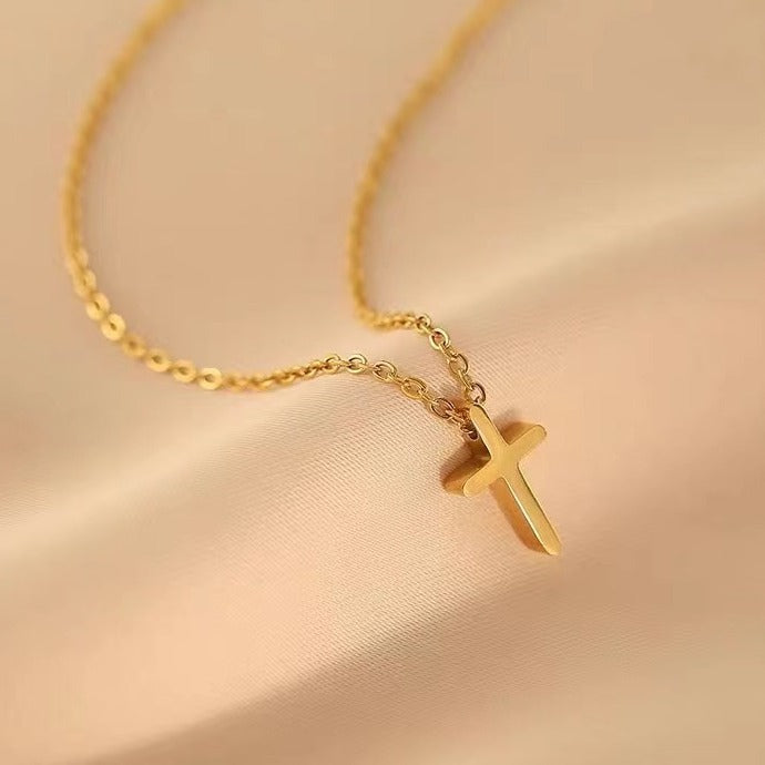 Kalung Wanita Salib Minimalis Lapis Emas 18K - Stainless Steel, Tidak Kusam, Elegan & Trendi! - 我的商店