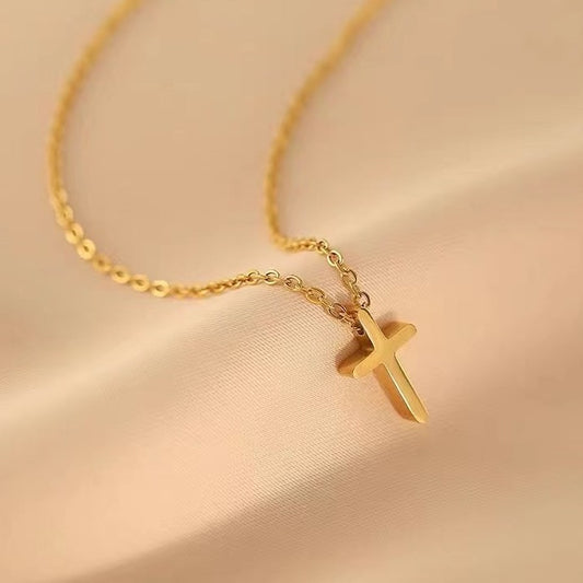 Kalung Wanita Salib Minimalis Lapis Emas 18K - Stainless Steel, Tidak Kusam, Elegan & Trendi! - 我的商店
