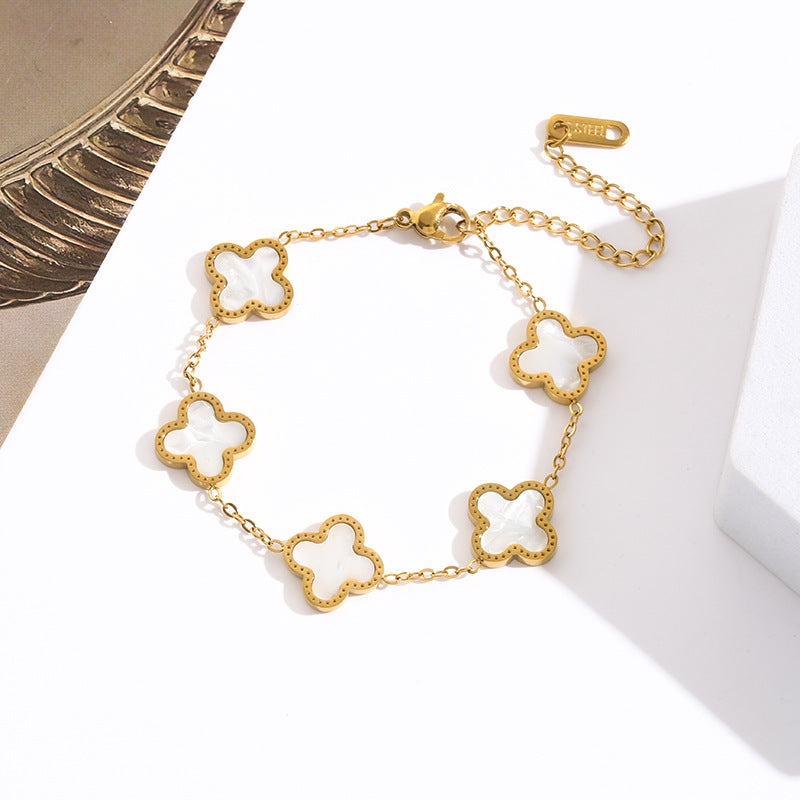 Gelang Daun Semanggi Wanita - Rantai Emas Stainless Anti Kusam, Aksesoris Perhiasan Elegan - 我的商店