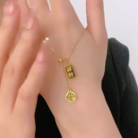 Grosir Kalung Wanita Stainless Steel Berliontin Emas Fu - Simbol Keberuntungan, Trendi & Tidak Kusam! - 我的商店