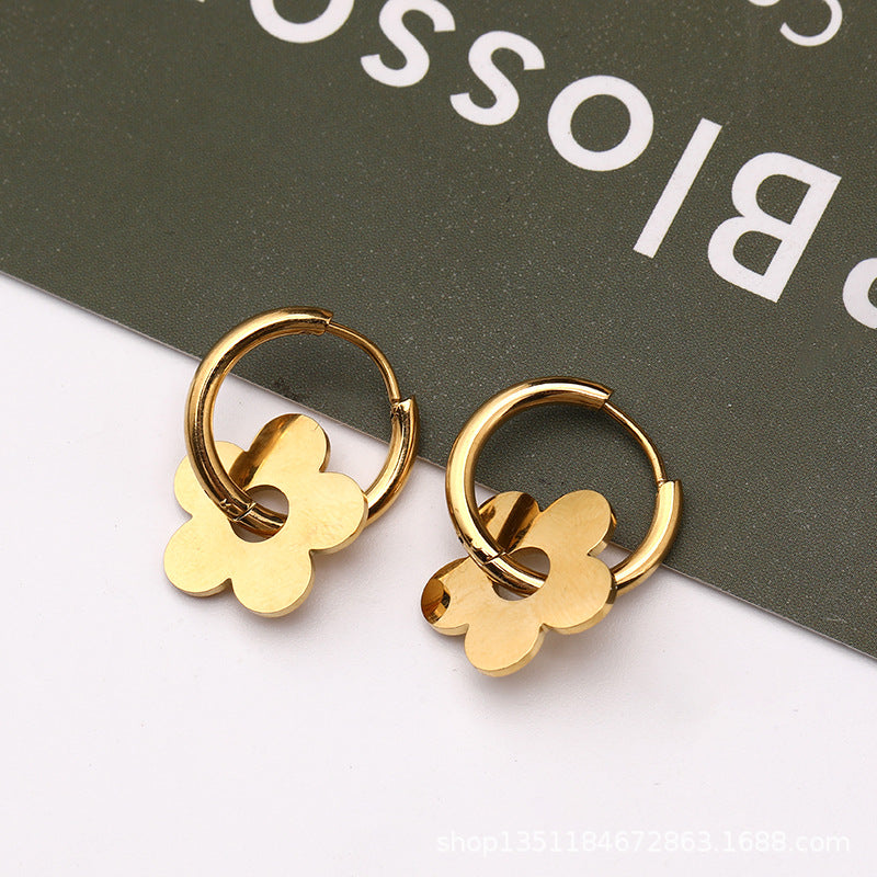 Anting Huggie Bunga Emas  – Stainless Steel Zirconia Kubik, Anting Stud Piercing Tulang Rawan - 我的商店