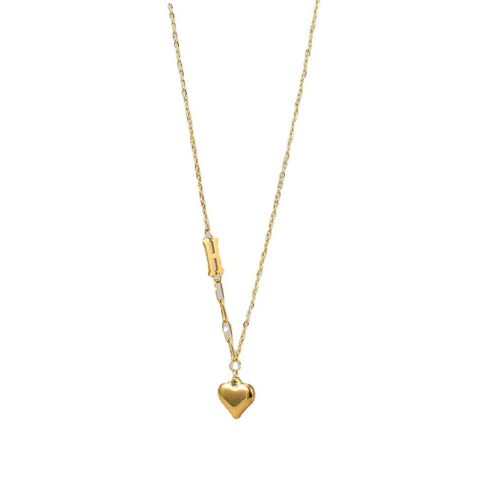 Kalung Huruf "H" Berbentuk Hati - Emas 18K Stainless Steel Anti Kusam Gaya Korea - 我的商店