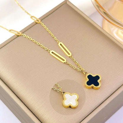 Kalung Daun Semanggi Emas 18K - Stainless Steel Anti Kusam Gaya Korea, Aksesoris Wanita - 我的商店