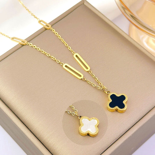 Kalung Daun Semanggi Emas 18K - Stainless Steel Anti Kusam Gaya Korea, Aksesoris Wanita - 我的商店
