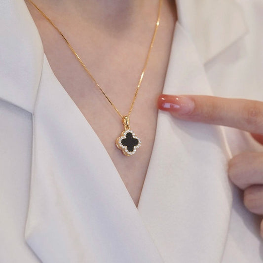 Wanita antik berkata kalung Four Leaf Clover  Liontin Berlian - Baja Tahan Karat Lapis Emas, tidak kusam, elegan dan modis! - 我的商店