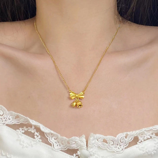 Kalung Bunga Pita Emas 18K - Stainless Steel Anti Kusam, Aksesoris Fashion Wanita - 我的商店