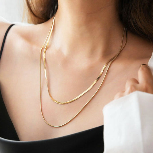 Kalung Wanita Double Layer Lapis Emas 18K - Stainless Steel, Elegan & Cocok untuk Prom dan Sehari-hari! - 我的商店