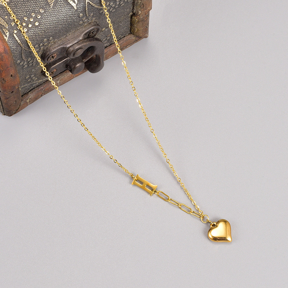 Kalung Huruf "H" Berbentuk Hati - Emas 18K Stainless Steel Anti Kusam Gaya Korea - 我的商店