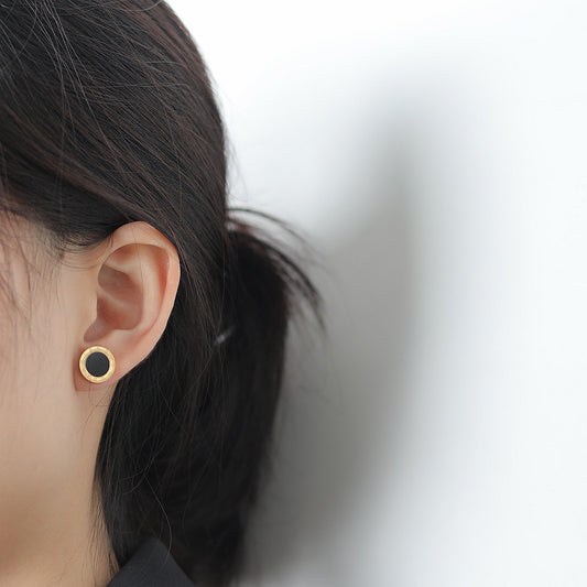Anting Stud Roman Bulat Hitam Wanita - Stainless Steel Hypoallergenic Anti Kusam - 我的商店