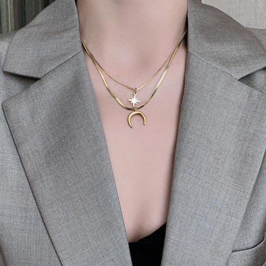 Kalung Bintang Bulan 18k Emas Wanita - Perhiasan Stainless Steel Elegan Anti Kusam, Desain Hexagram Trendy, Grosir Harga Terbaik - 我的商店