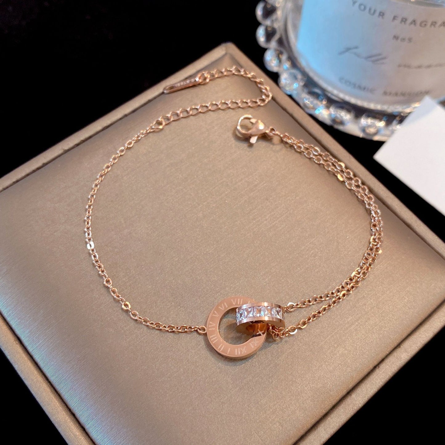 Gelang Double Circle Roman untuk Wanita - Stainless Steel 18k Emas Anti Pudar | Aksesoris Perhiasan Elegan - 我的商店