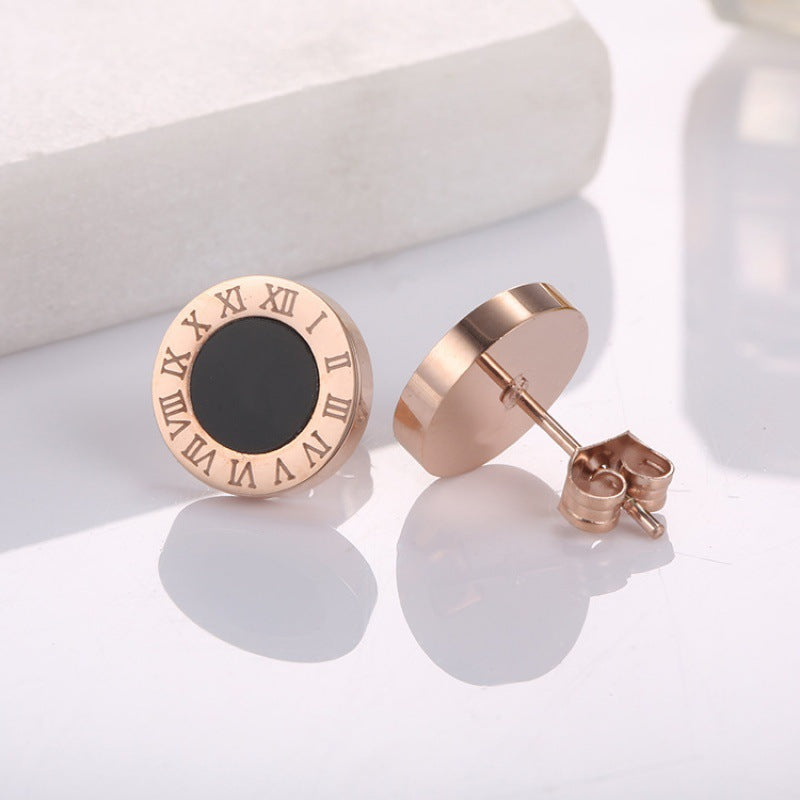 Anting Stud Roman Bulat Hitam Wanita - Stainless Steel Hypoallergenic Anti Kusam - 我的商店