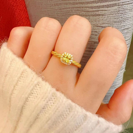 Cincin Wanita Kristal Kuning Emas 18K - Stainless Steel Anti Kusam Gaya Korea - 我的商店