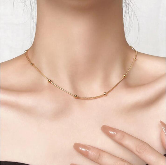 Kalung Wanita Manik Lapis Emas 18K - Stainless Steel, Sederhana, Terjangkau & Cocok untuk Keberuntungan! - 我的商店