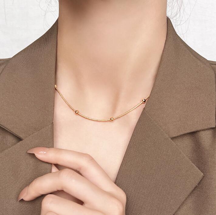Kalung Wanita Manik Lapis Emas 18K - Stainless Steel, Sederhana, Terjangkau & Cocok untuk Keberuntungan! - 我的商店
