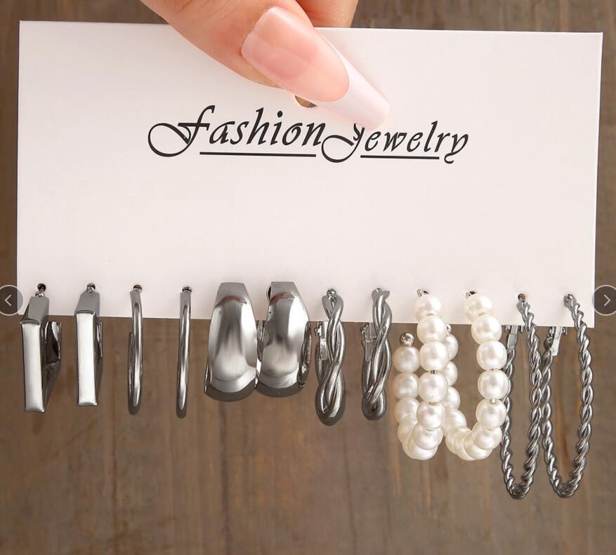 Set 6 Anting Wanita Elegan – Hoop Kotak, Mutiara & Hati Warna Emas & Perak perhiasandirect