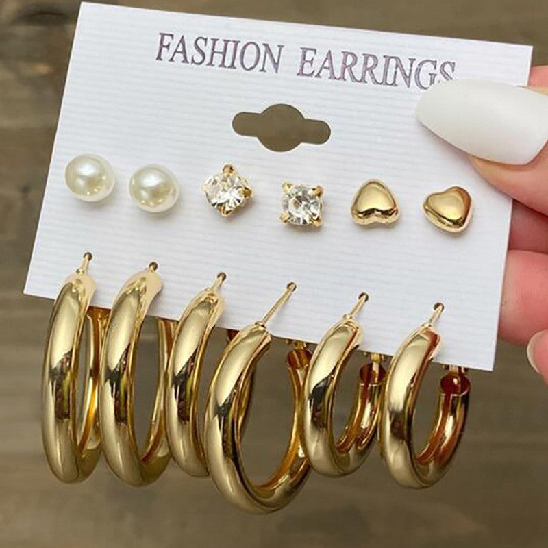 Set 6 Anting Wanita Elegan – Hoop Kotak, Mutiara & Hati Warna Emas & Perak perhiasandirect