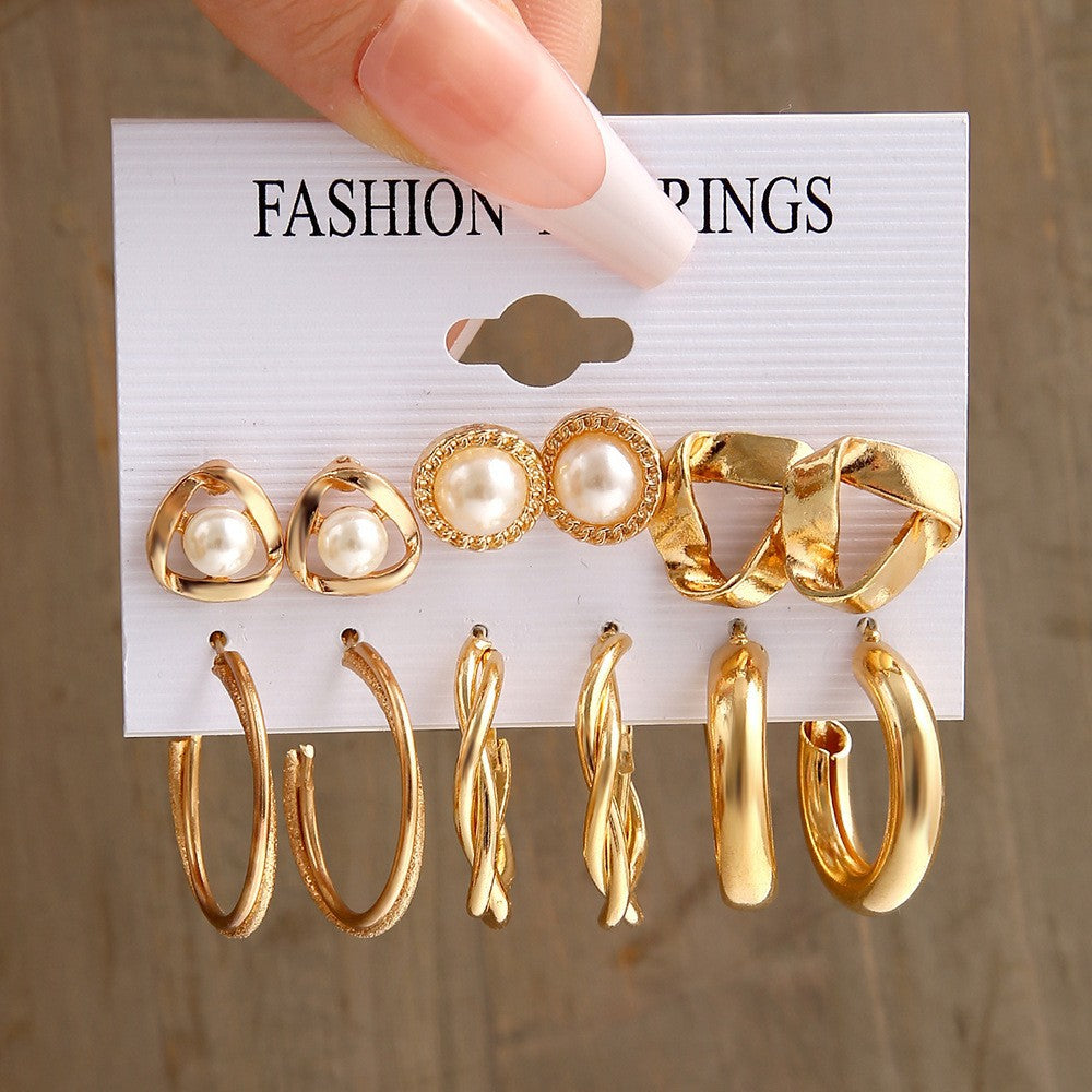 Set 6 Anting Wanita Elegan – Hoop Kotak, Mutiara & Hati Warna Emas & Perak perhiasandirect