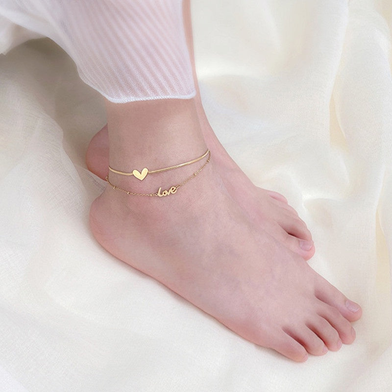Gelang Kaki Hati untuk Wanita - Rantai Emas Stainless Steel Anti Pudar | Aksesoris Fashion Elegan - 我的商店