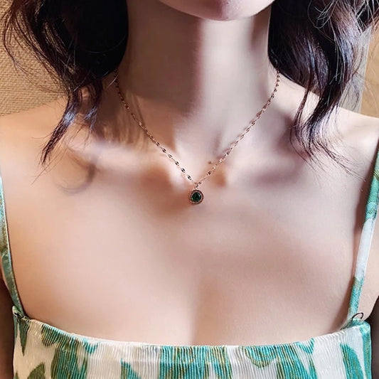 Kalung Wanita Korea - Stainless Steel dengan Liontin Roman & Kristal Hijau | Rantai INS Elegan - 我的商店