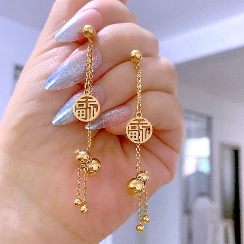 Anting Lucky Gourd FU untuk Wanita - Hikaw Emas Stainless Steel Hypoallergenic | Aksesoris Perhiasan Elegan - 我的商店