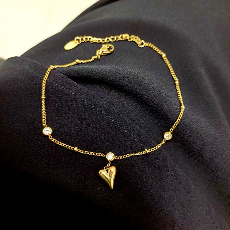 Gelang Kaki Wanita Liontin Hati Berlian - Stainless Steel Lapis Emas, Tidak Kusam, Elegan & Awet! - 我的商店