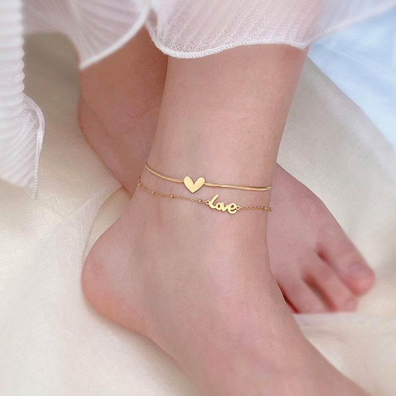 Gelang Kaki Hati untuk Wanita - Rantai Emas Stainless Steel Anti Pudar | Aksesoris Fashion Elegan - 我的商店