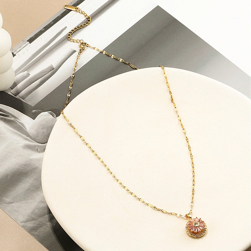 Kalung Emas untuk Wanita dengan Kristal Pink - Kwintas Vintage Pendant Stainless Steel | Aksesoris Perhiasan Elegan - 我的商店