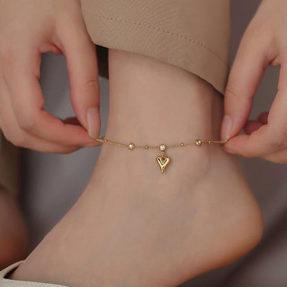 Gelang Kaki Wanita Liontin Hati Berlian - Stainless Steel Lapis Emas, Tidak Kusam, Elegan & Awet! - 我的商店